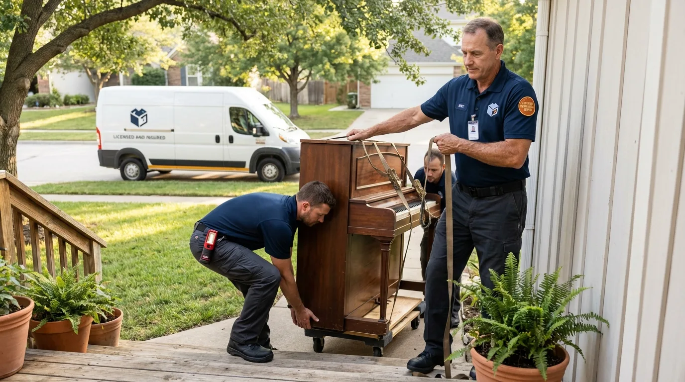 Licensed piano movers securing grand piano in Riverton, UT
