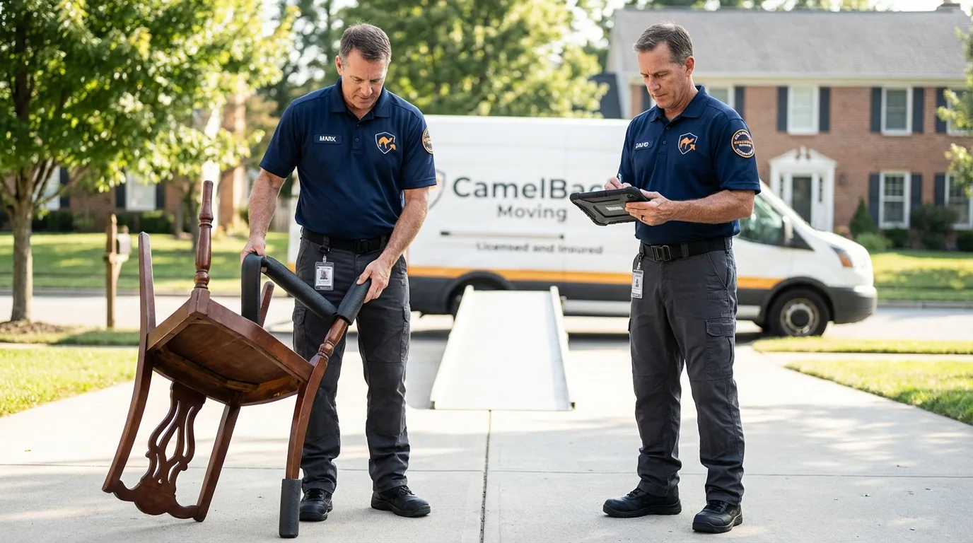 Movers inspecting furniture for damage prevention before loading in Riverton, UT