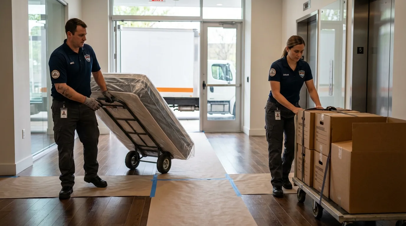Professional apartment movers loading elevator in Riverton, UT