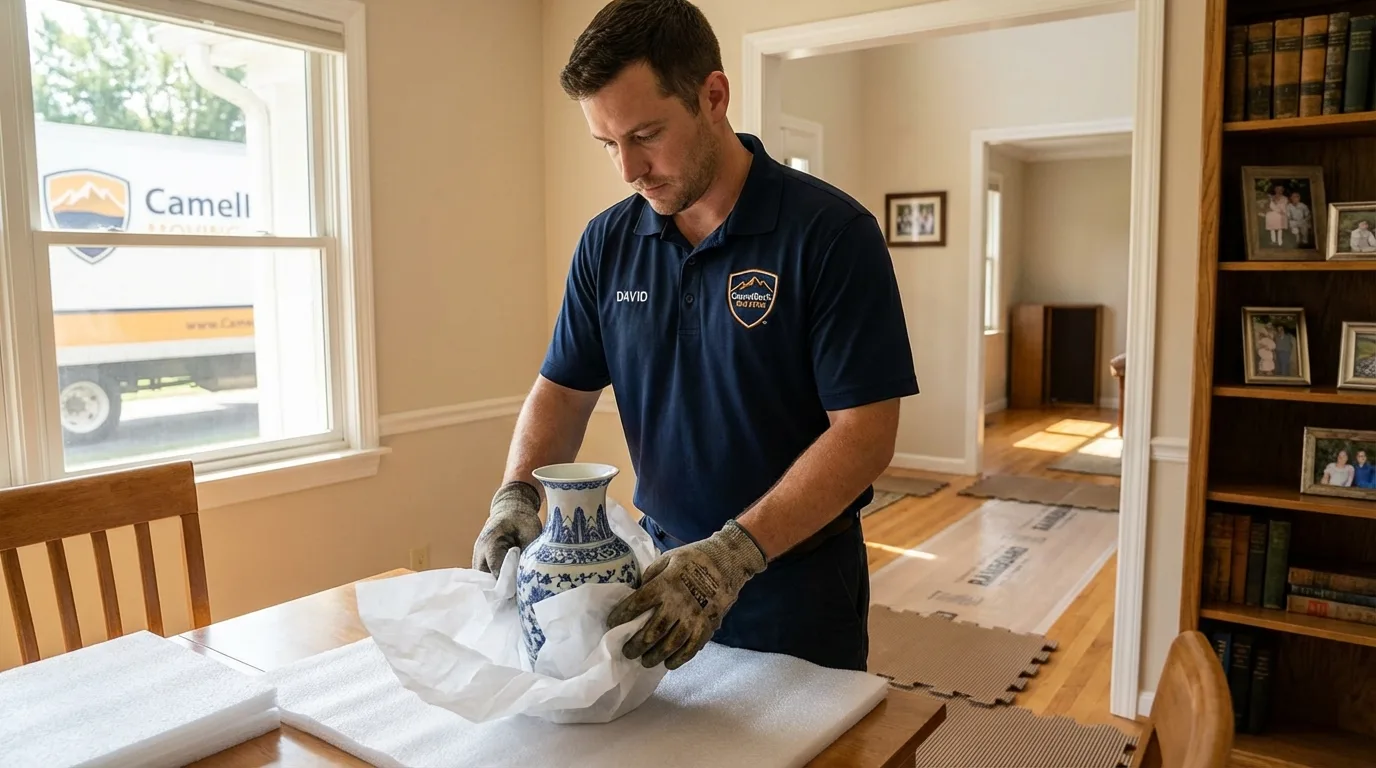 Professional crew carefully wrapping antique vase for senior downsizing move in Riverton, UT